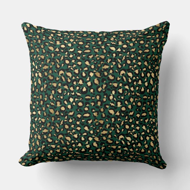 Stylish Dark Green and Gold Foil Leopard Spots Throw Pillow (Front)