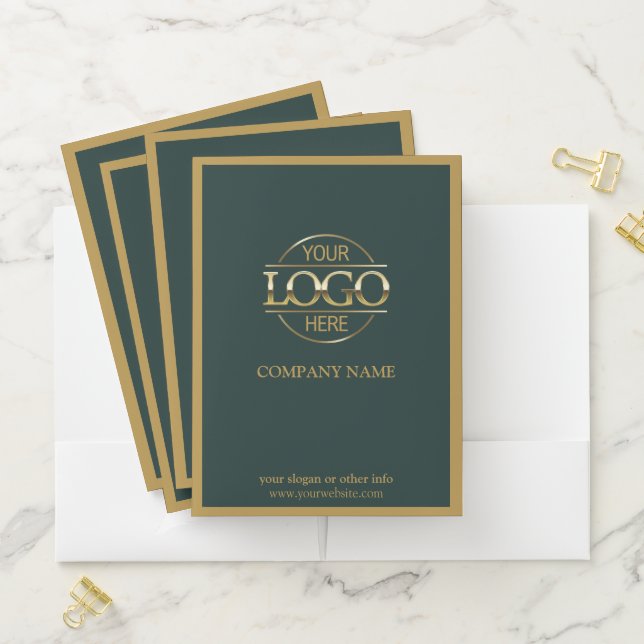 Stylish Dark Green Gold Business Logo Personalized Pocket Folder (In Situ)