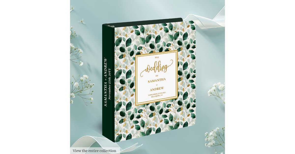 Stylish Dark Green Gold Foliage Memory Album 3 Ring Binder | Zazzle