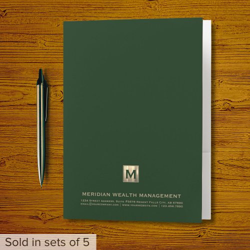 Stylish Dark Green Gold Monogram Pocket Folder