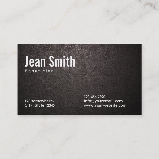 Stylish Dark Leather Beautician Business Card (Front)