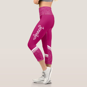 Stylish dark magenta floral white stripes and name capri leggings