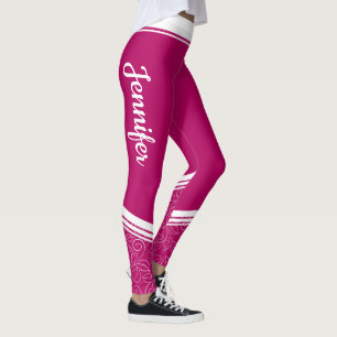 Stylish dark magenta floral white stripes and name leggings