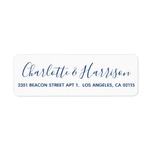 Stylish dark navy blue script modern chic wedding label