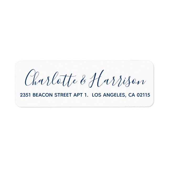 Stylish dark navy blue script modern chic wedding label (Front)