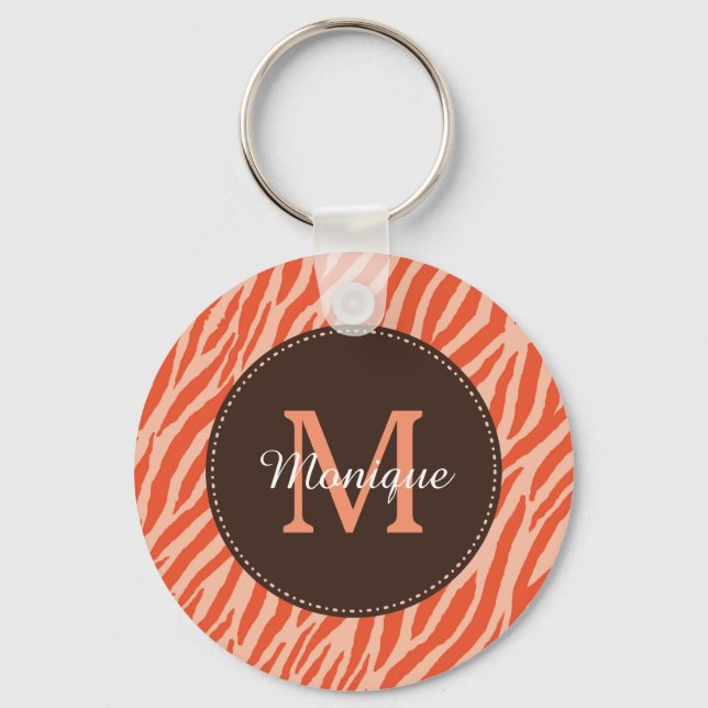 Stylish Dark Orange Zebra Print Monogram and Name Keychain (Front)