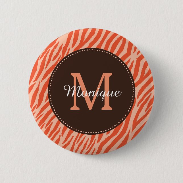Stylish Dark Orange Zebra Print Monogram and Name Pinback Button (Front)