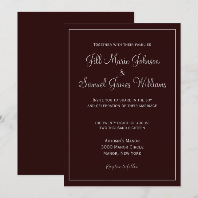 Stylish Dark Plum and Gray Wedding Invitation (Front/Back)