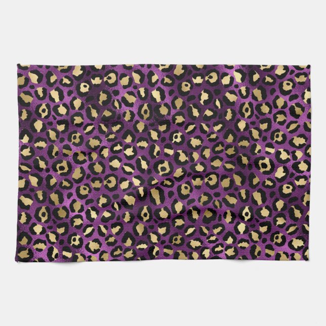 Stylish Dark Purple and Gold Foil Leopard Spots Kitchen Towel (Horizontal)