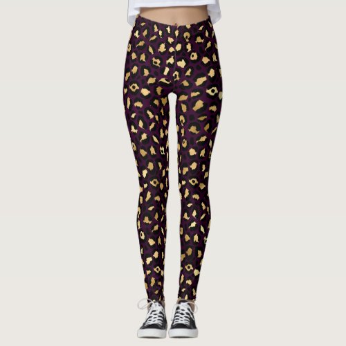 Stylish Dark Purple and Gold Foil Leopard Spots Leggings