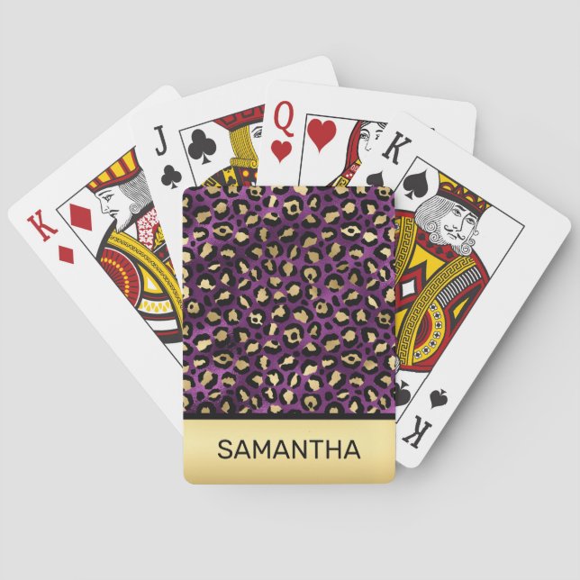 Stylish Dark Purple and Gold Foil Leopard Spots Poker Cards (Back)