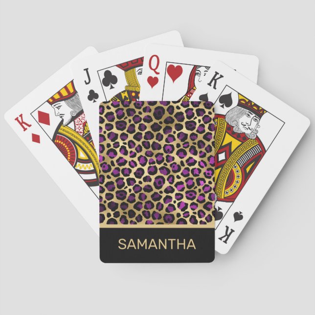 Stylish Dark Purple and Gold Foil Leopard Spots Poker Cards (Back)