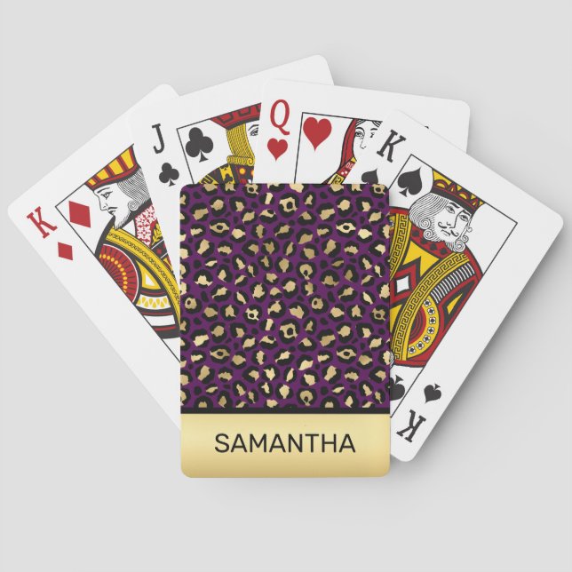 Stylish Dark Purple and Gold Foil Leopard Spots Poker Cards (Back)