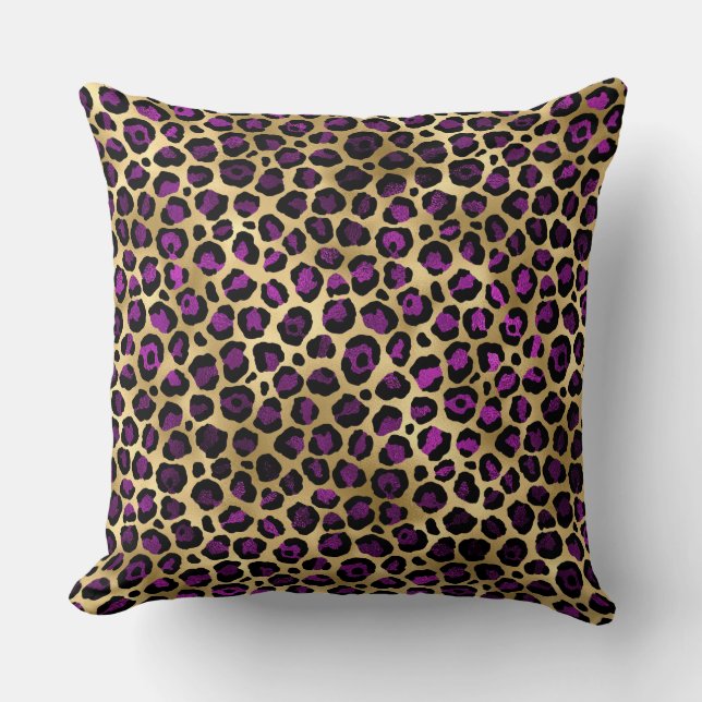 Stylish Dark Purple and Gold Foil Leopard Spots Throw Pillow (Front)