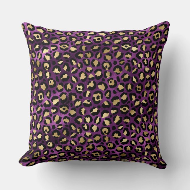 Stylish Dark Purple and Gold Foil Leopard Spots Throw Pillow (Front)