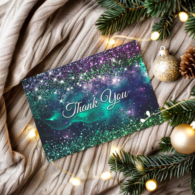 Stylish dark purple green faux glitter monogram thank you card (Creator Uploaded)