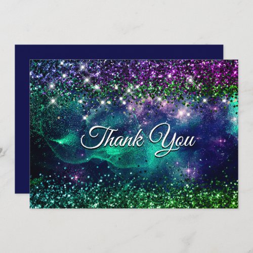 Stylish dark purple green faux glitter monogram thank you card