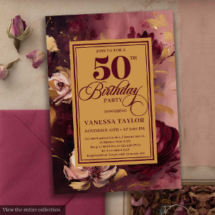 Stylish dark red blush gold roses 50th birthday invitation