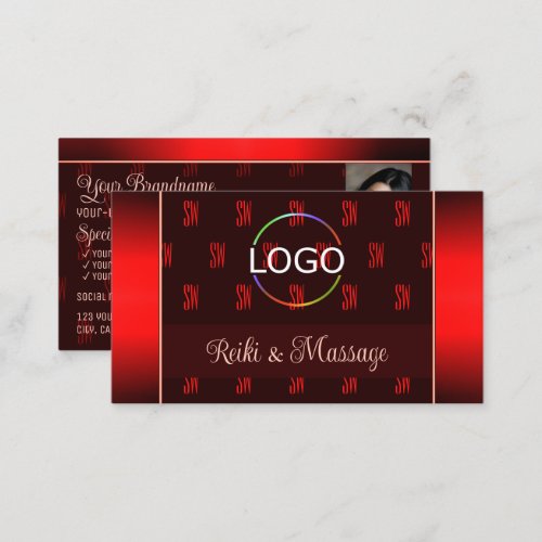Stylish Dark Red Chic with Logo Photo and Monogram Business Card