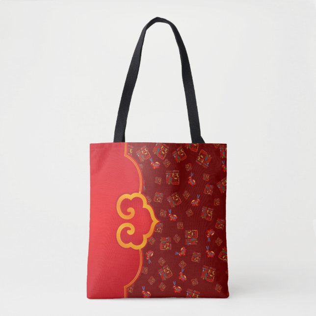 Stylish Dark Red Ruyi Lucky Symbol 福 Rabbits CNY  Tote Bag (Front)
