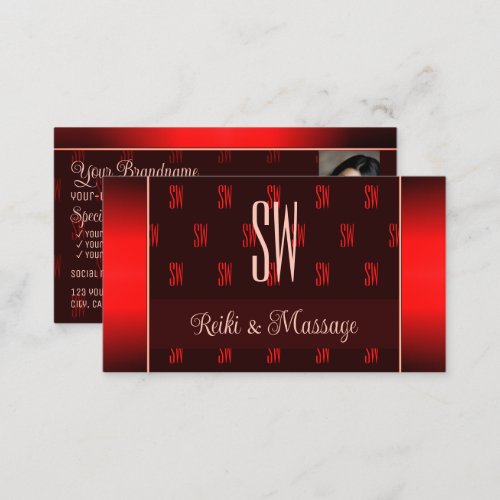 Stylish Dark Red with Photo and Monogram Pattern Business Card