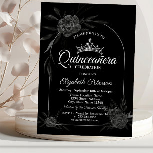 Stylish Dark Roses Black Gothic Quinceañera Invitation