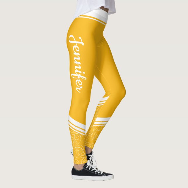 Stylish dark yellow floral white stripes and name leggings (Right)