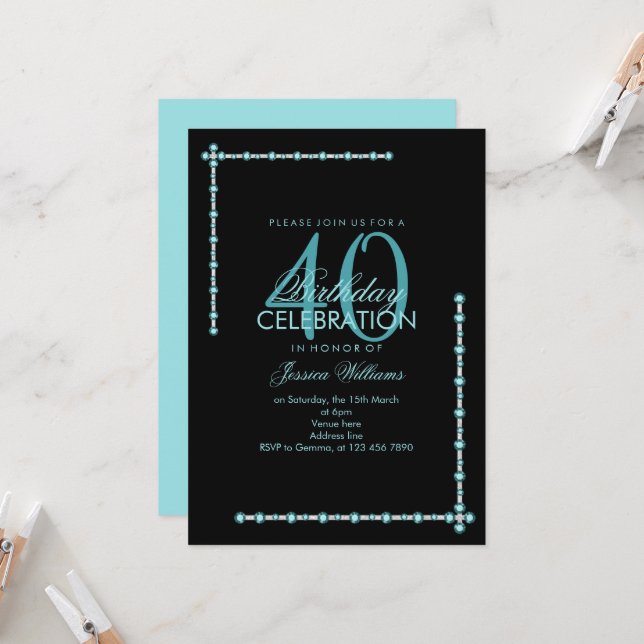 Stylish Decorations Aqua Gem Birthday Invitation (Front/Back In Situ)