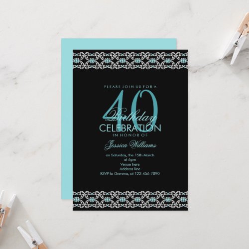 Stylish Decorative Border Aqua Gems Birthday Invitation