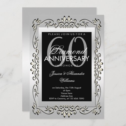 Stylish Decorative Silver 60th Wedding Anniversary Invitation