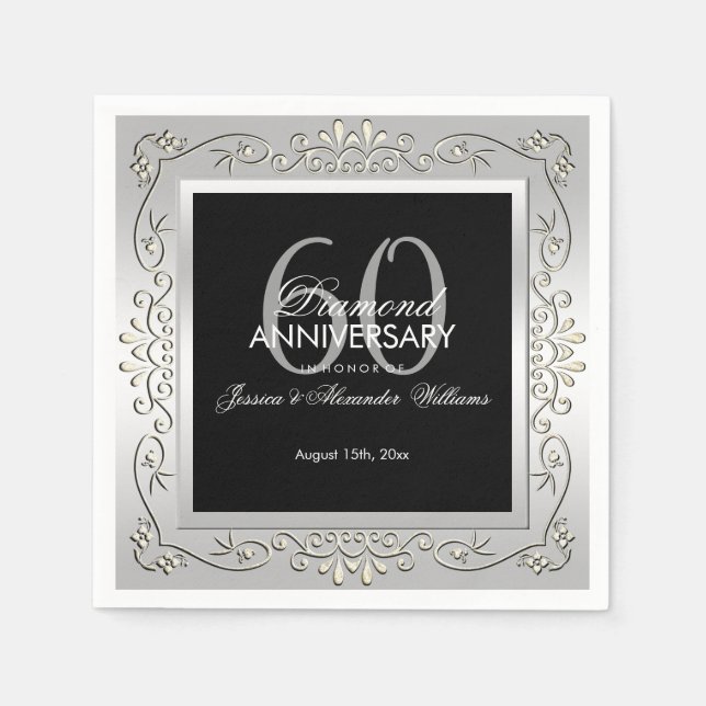 Stylish Decorative Silver 60th Wedding Anniversary Napkins (Front)