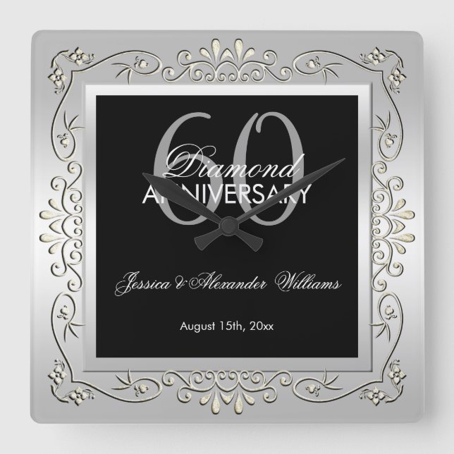 Stylish Decorative Silver 60th Wedding Anniversary Square Wall Clock (Front)