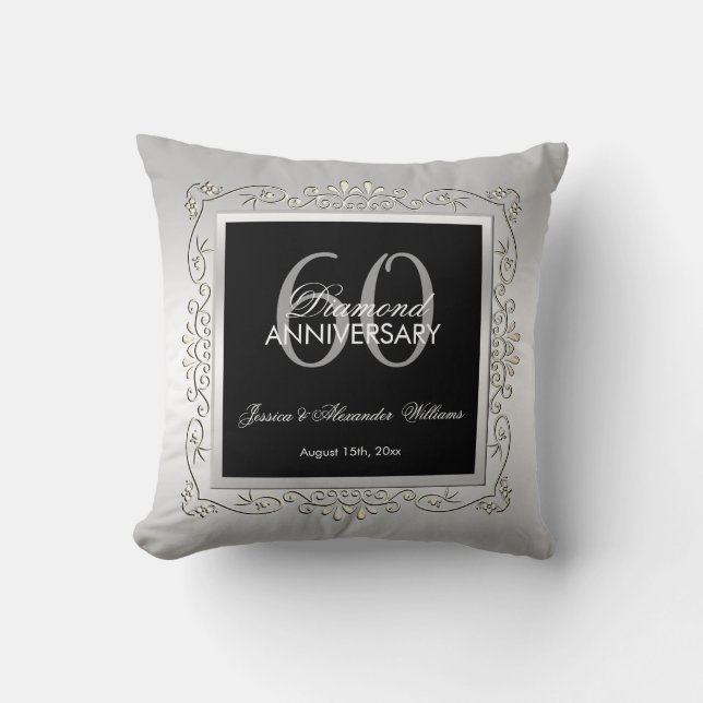 Stylish Decorative Silver 60th Wedding Anniversary Throw Pillow (Front)