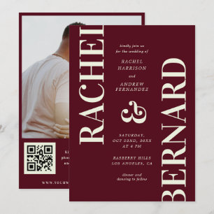 Stylish Deep Burgundy Typography QR Code Wedding Invitation