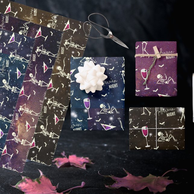 Stylish Deep Dark Sparkling Sky Dancing Skeletons Wrapping Paper Sheets (Creator Uploaded)