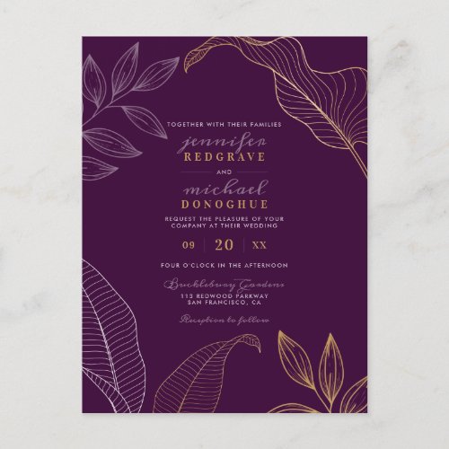Stylish Deep Purple Gold Leaves Subtle Wedding Invitation Postcard