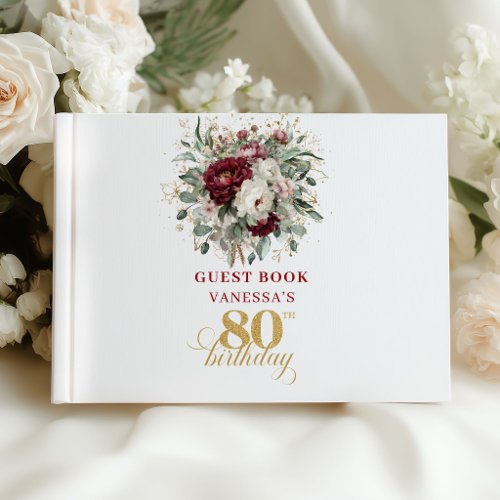 Stylish Deep Red Floral 80th Birthday Guest Book