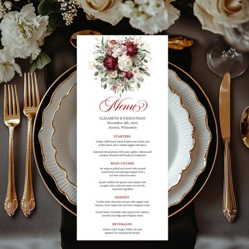 Stylish Deep Red Floral Boho Gold Menu Card