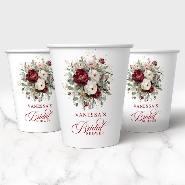 Stylish Deep Red Floral Bridal Shower Paper Cups (Stylish Deep Red Floral Bridal Shower Paper Cups)