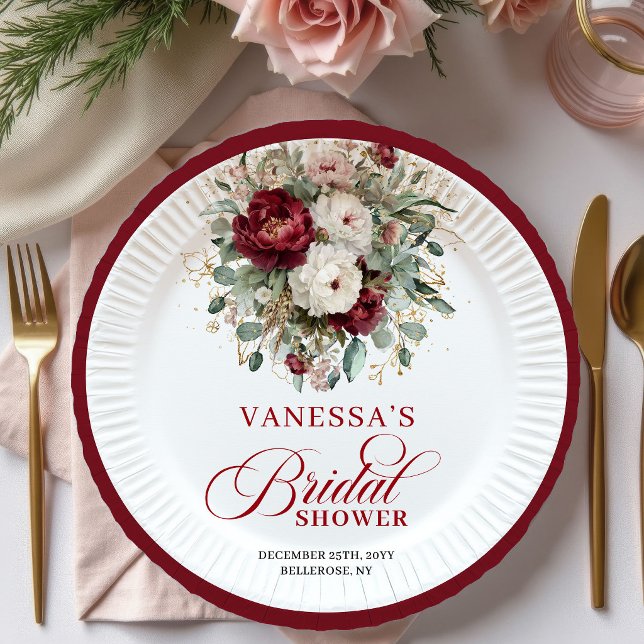 Stylish Deep Red Floral Bridal Shower Paper Plates (Stylish Deep Red Floral Bridal Shower Paper Plates)