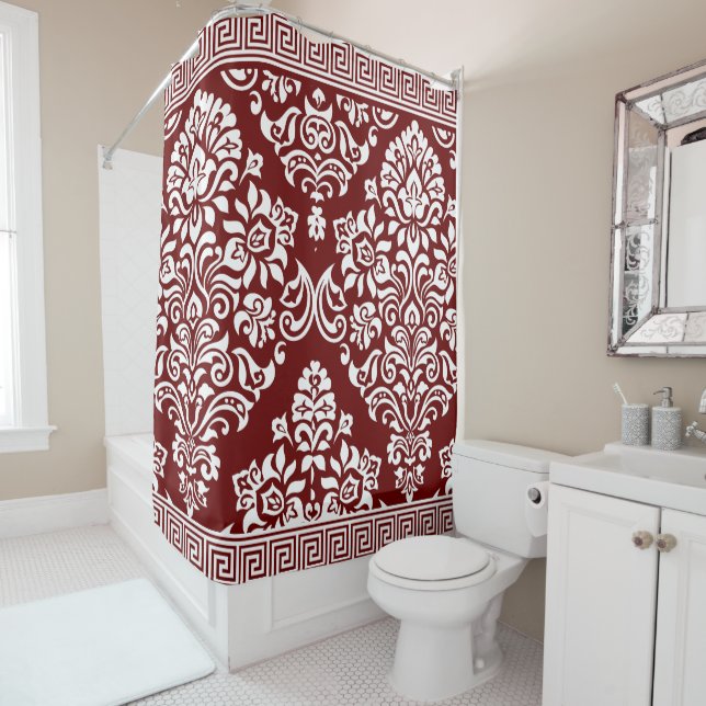 Stylish Deep Red Floral Damask Greek Key Shower Curtain (In Situ)