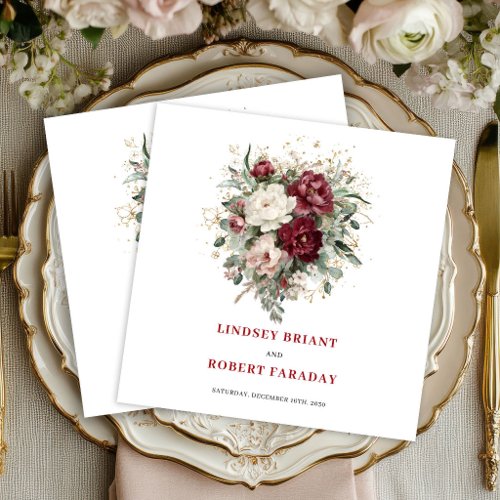 Stylish Deep Red Floral Eucalyptus Gold Napkins