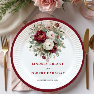Stylish Deep Red Floral Eucalyptus Gold Wedding  Paper Plates