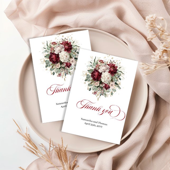 Stylish Deep Red Floral Greenery Thank You Card (Stylish Deep Red Floral Greenery Thank You Card)