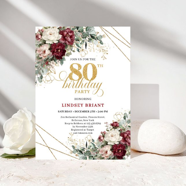 Stylish Deep Red Flowers Eucalyptus Gold 80th Birt Invitation (Stylish Deep Red Flowers Eucalyptus Gold 80th Birthday Card

)