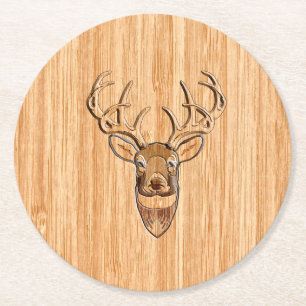 Stylish Deer Head Light Wood Grain Print Round Paper Coaster