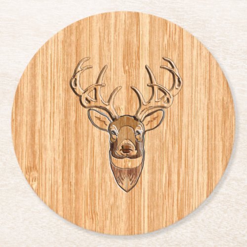 Stylish Deer Head Light Wood Grain Print Round Paper Coaster
