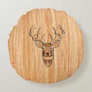 Stylish Deer Head Light Wood Grain Print Round Pillow