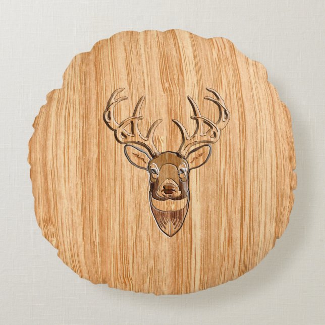 Stylish Deer Head Light Wood Grain Print Round Pillow (Front)