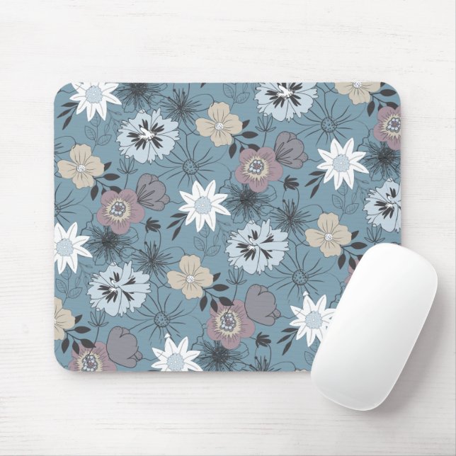 Stylish Delicate Flower Pattern in Blue & Rose Mouse Pad (With Mouse)